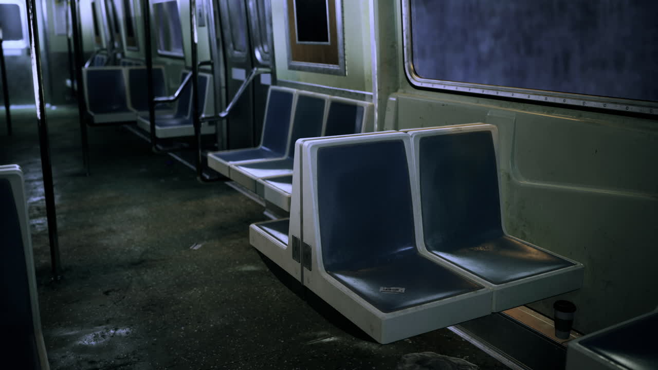 Abandoned subway car interior showcasing empty seats and graffiti