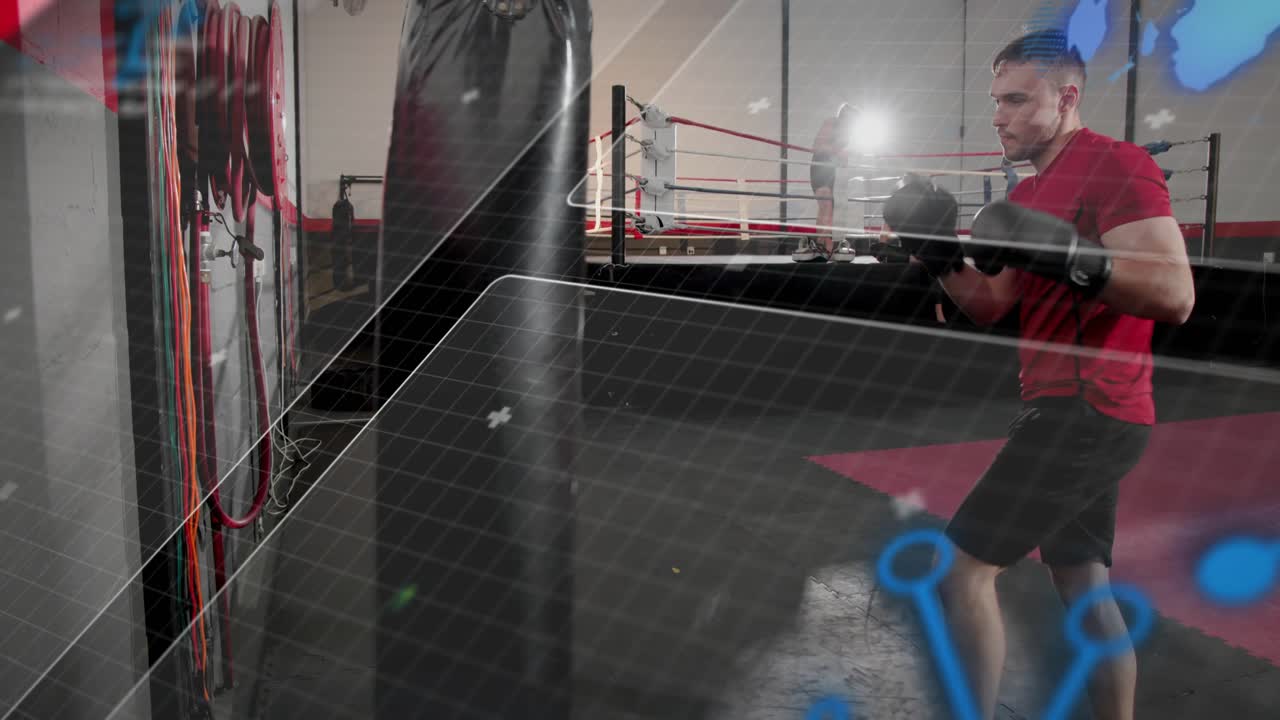 Male boxer starting drill advancing in gym, punching heavy bag with animated lines tracking hits