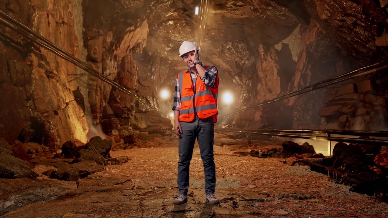 Full Body Of Asian Male Engineer With Safety Helmet Showing Ok Hand Sign Over Eye And Smiling To Camera While Standing In Underground Mine Tunnel