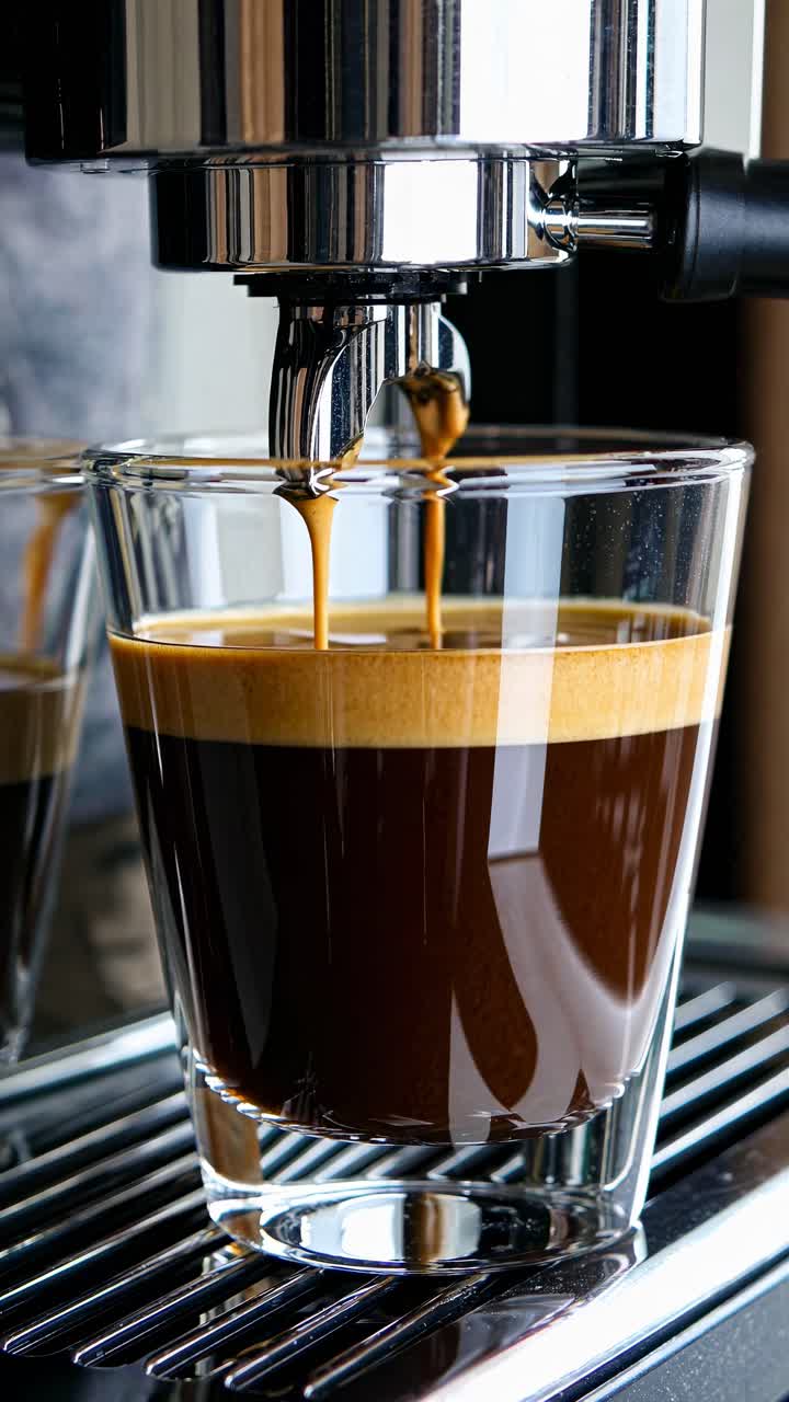 Close-up, eye-level shot of espresso pouring into a glass, capturing the rich crema video