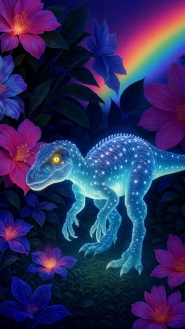 A glowing dinosaur amidst vibrant flowers and a rainbow, viewed from a low angle