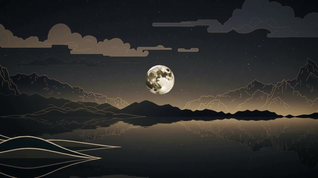 Scene iniziali: luna piena che proietta un alone su un lago di montagna, veli che si spostano, rivelando la calma.
