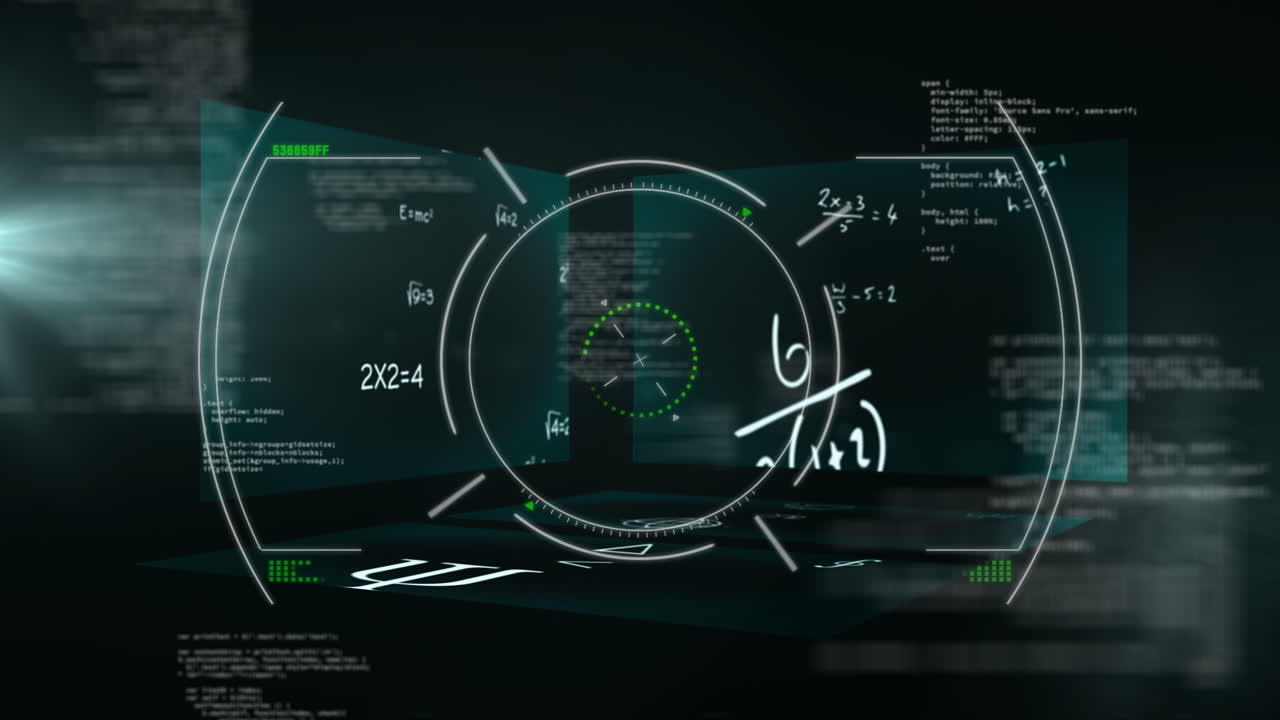 Animating mathematical equations and data processing on digital interface background