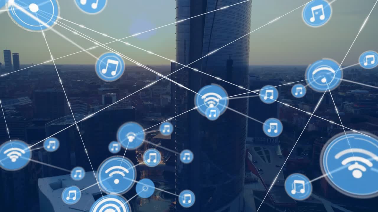 Animeret netværk udspringer fra en enkelt node, forbinder Wi-Fi chat-ikoner over en skyskraber for at vise teknologi.