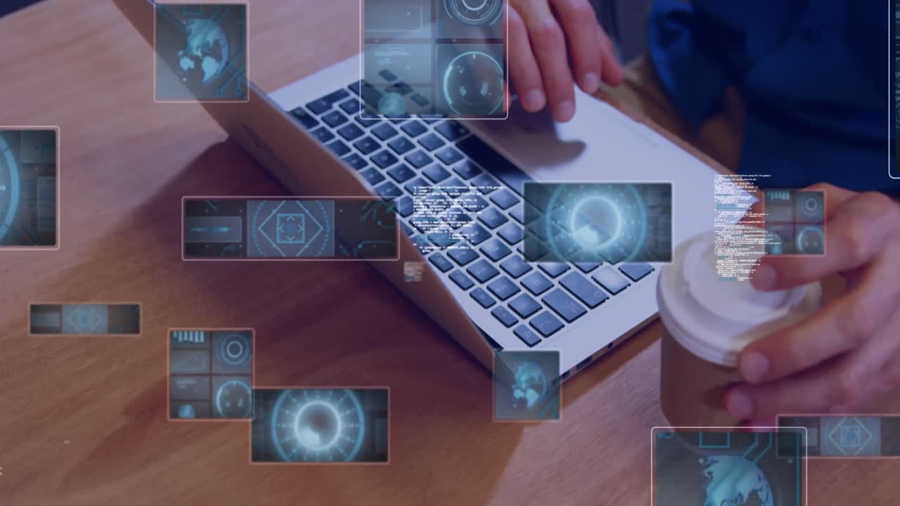 animación de escáneres de escaneo y procesamiento de datos sobre la mujer usando portátil.