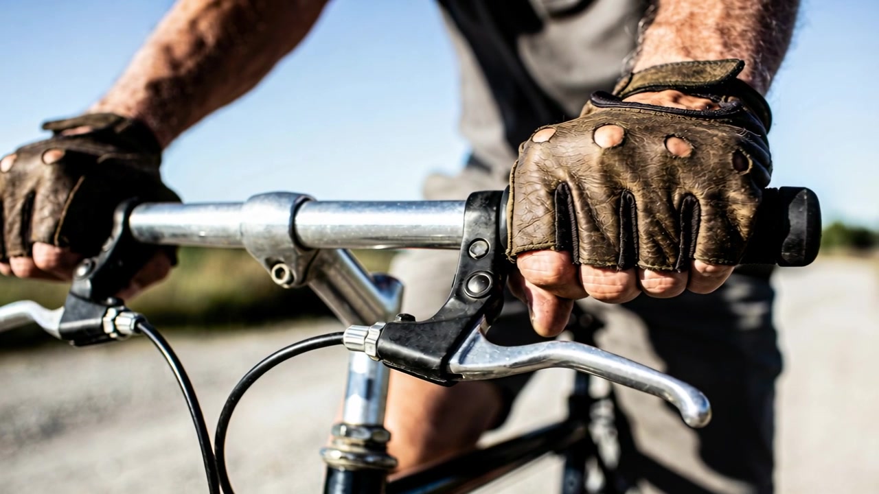 Ciclista con guantes, sujetando el manillar, iniciando un paseo de ocio, dirigiendo y frenando en un camino de grava.