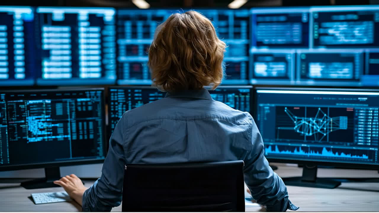 Using multiple screens at work. A person is sitting at a desk with several computer screens showing data and charts. This takes place in a busy office