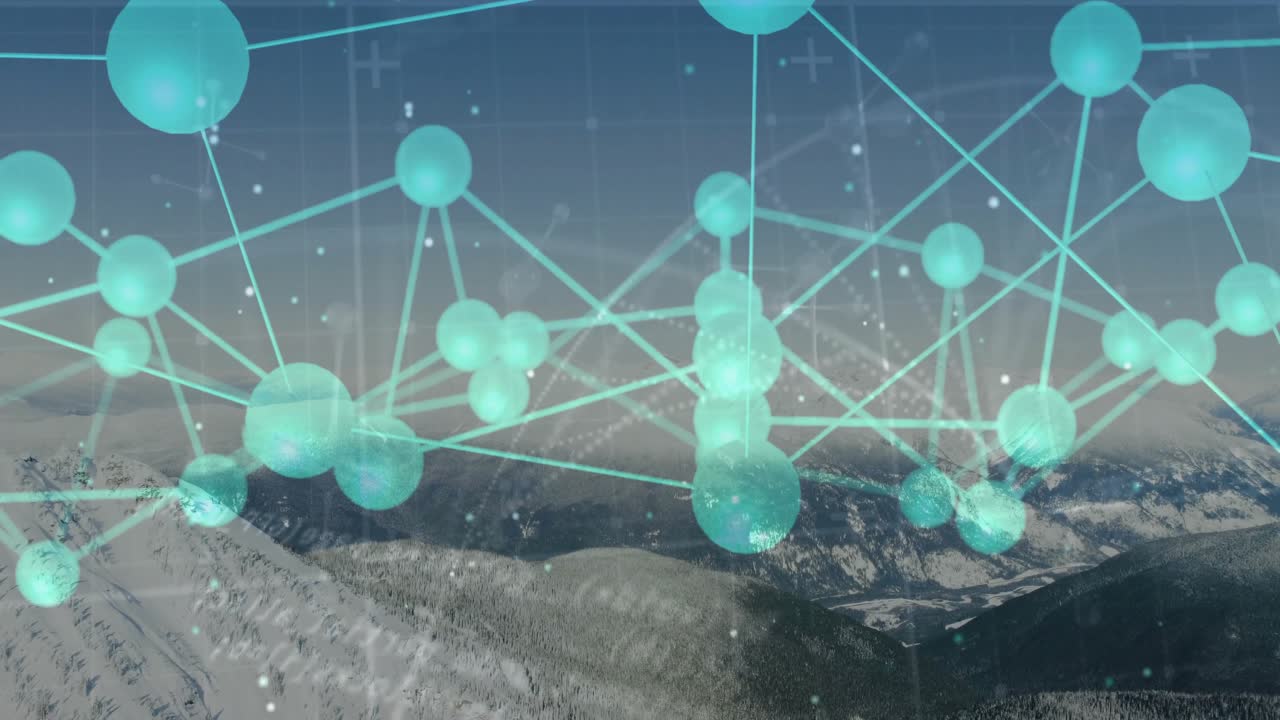 Cyan netværk toner ind, roterer og pulserer over toppe, mens snefnug driver og visualiserer data.