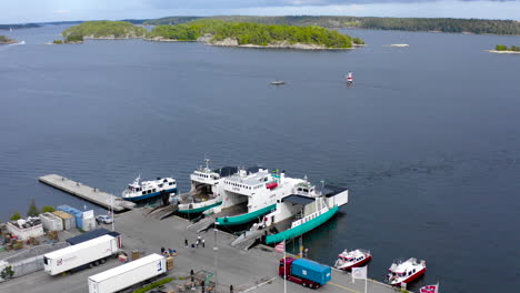 establishing european scandinavian port dock side shipping harbor aerial wide shot peninsula islands trading route connecting countries bulk carrier aerial oil tanker ferry cargo travel transportation