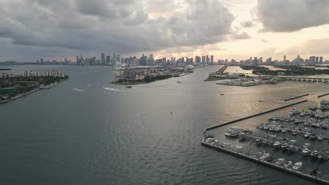 aerial skyline cityscape at sunset of miami south beach florida with downtown at distance