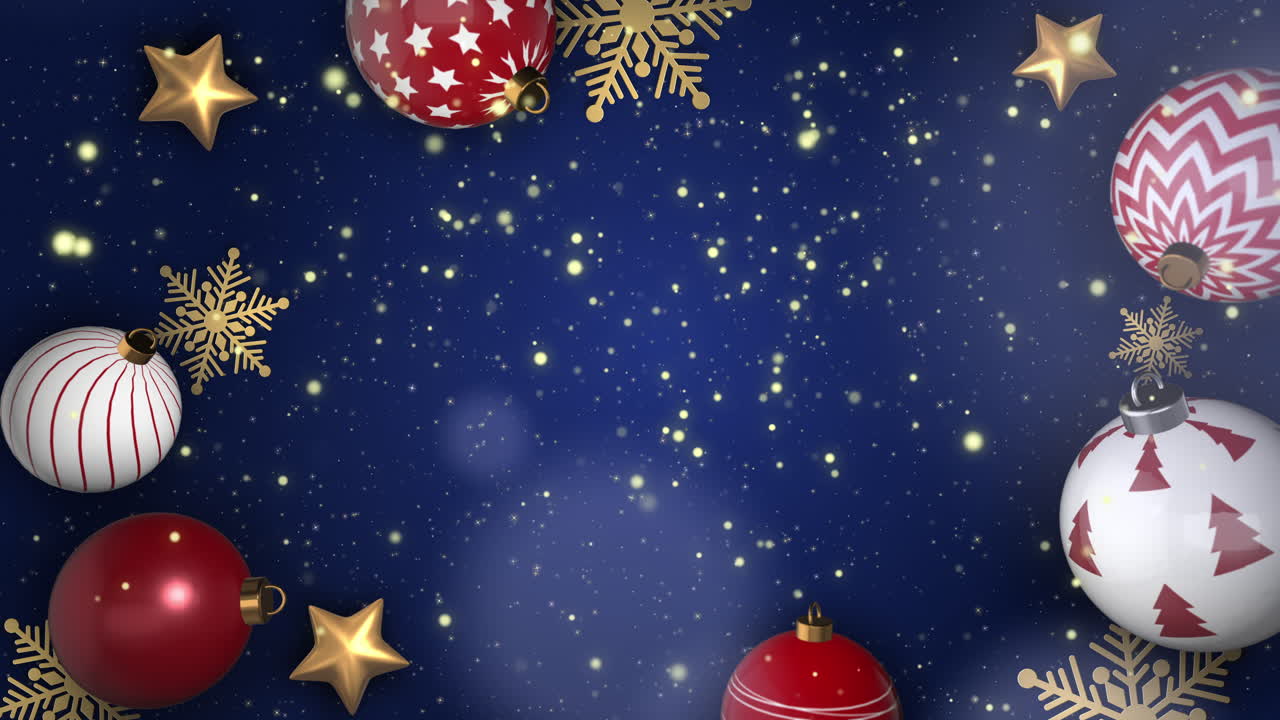 Fondo azul mágico y brillante con adornos de árbol de Navidad y confeti luminoso. Bokeh difuminado. Espacio para texto. Gráficos en movimiento en bucle