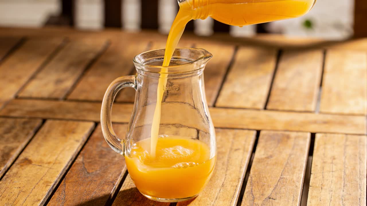 Una brocca inclinata sopra una caraffa di vetro trasparente versa succo d'arancia brillante su un tavolo di legno, riempiendo la caraffa.