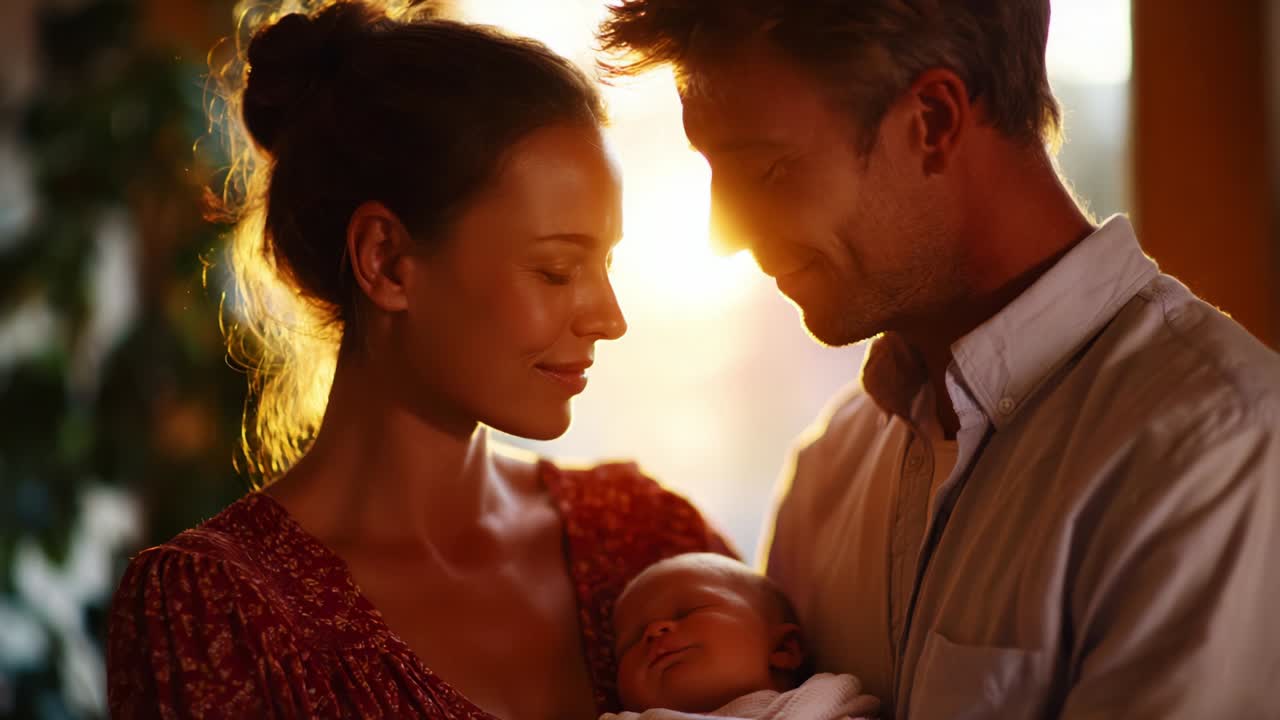 Heartwarming Moment Captured: A Loving Couple Gently Embracing Their Newborn Child in a Warm and Intimate Setting, Bathed in Sunlight and Shedding Radiance of Parenthood and Joy