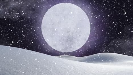 Animation-of-winter-scenery-with-snow-falling-and-full-moon