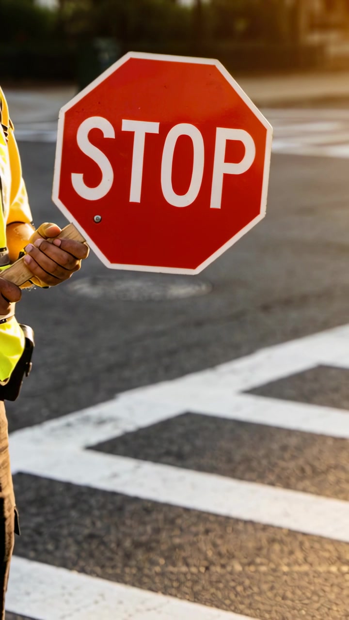 Vertical video: Displaying red STOP sign, guard wearing hi-vis vest stopping traffic at crosswalk