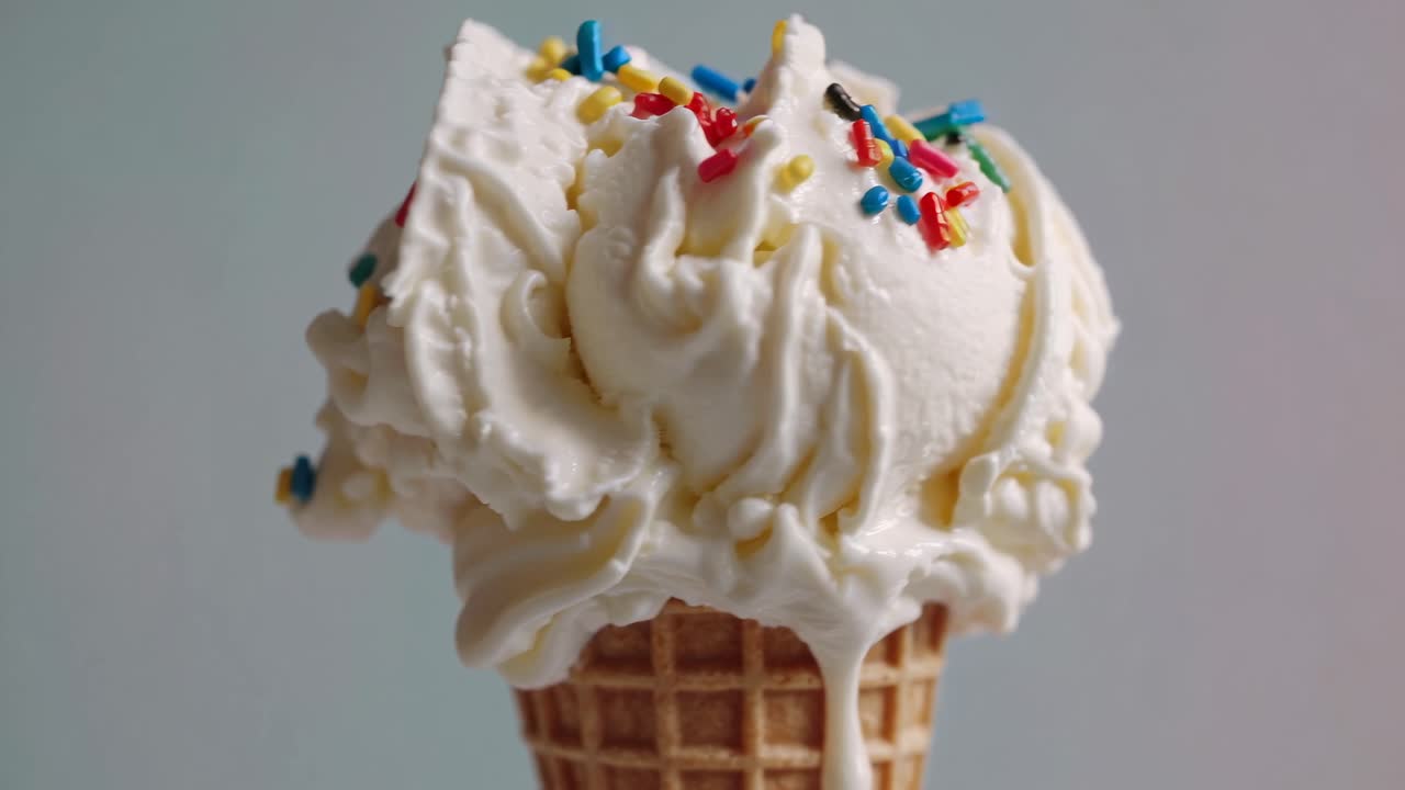 Close-up video of a melting ice cream cone with colorful sprinkles, shot from a low angle