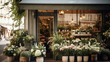 charming flower shop exterior captured at eye level, showcasing vibrant blooms and vintage decor