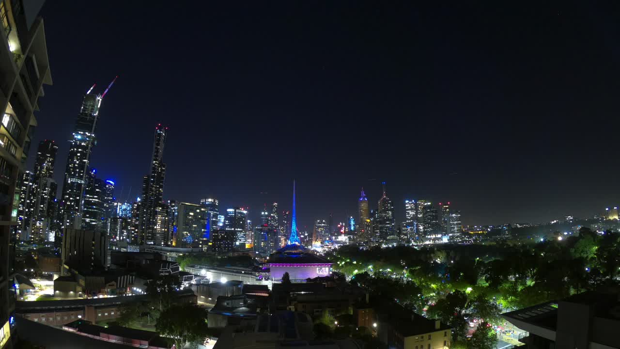 NYE Fireworks over the city of Melbourne Australia timelapse, new years eve, year  two thousand and twenty wide and colourful