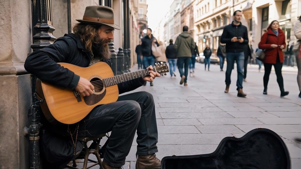 Kalabalık bir şehir kaldırımında akustik gitar çalan sokak müzisyeni.