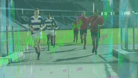 Animation-of-data-processing-over-diverse-rugby-players-at-stadium