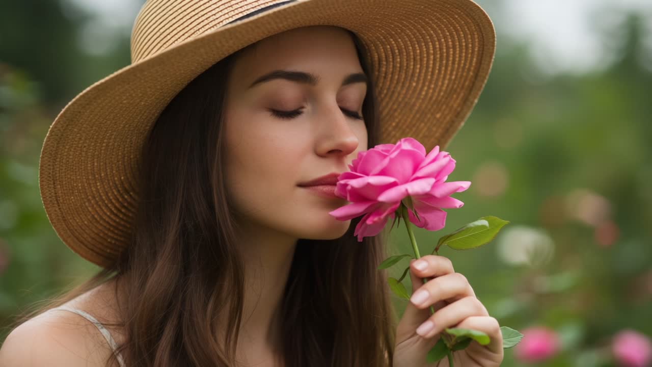 A Serene Portrait of a Young Woman in a Straw Hat Gently Holding a Pink Rose, Capturing the Essence of Nature and Tranquility Amidst a Flowering Garden Scene