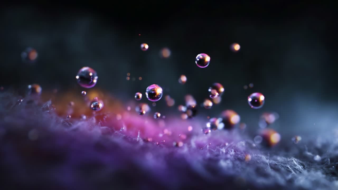 Captivating Close-Up of Vibrant Water Droplets Suspended in Air Against a Soft, Colorful Background, Showcasing Their Reflections and Light Play