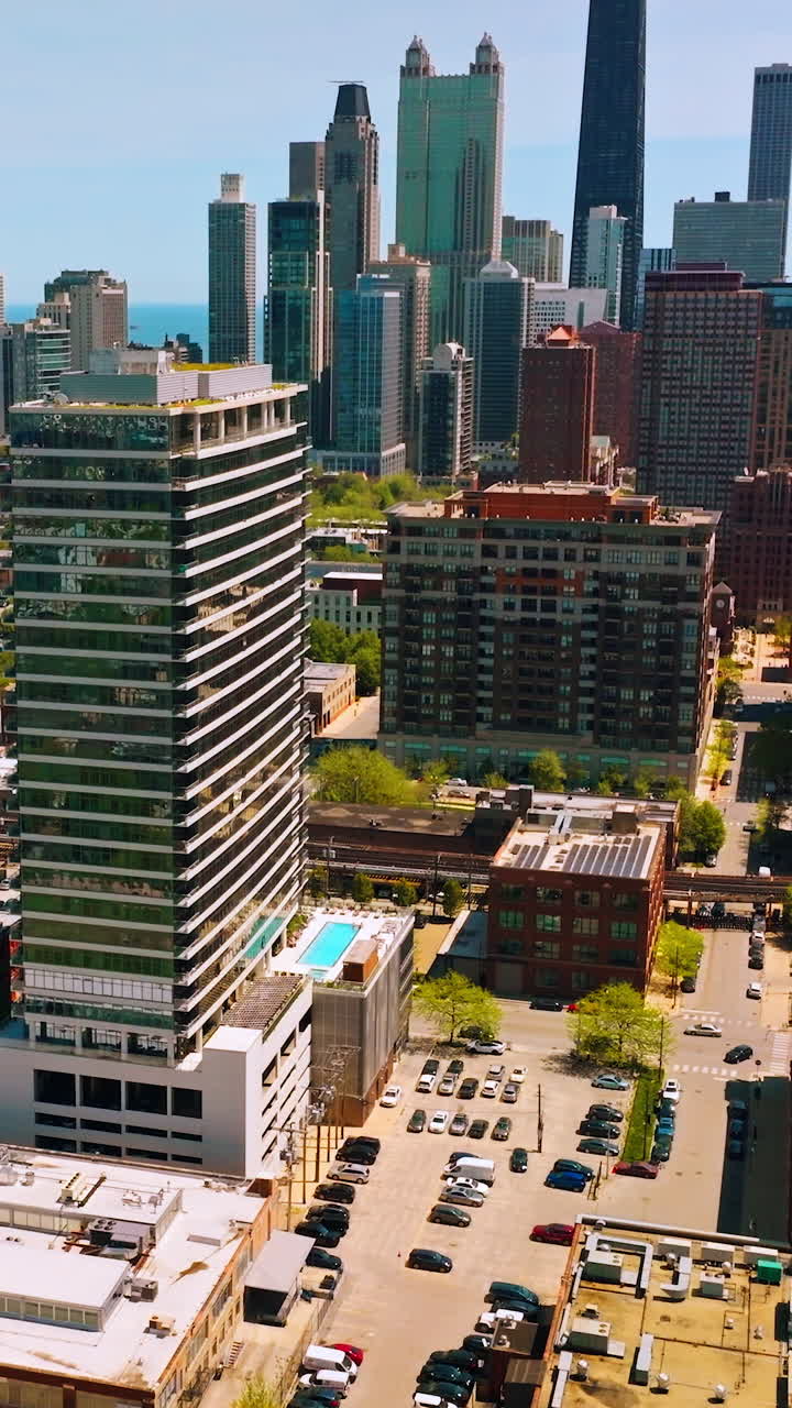 Amazing modern architecture of Chicago. Beautiful city picture on clear sunny day. Drone footage. Vertical video