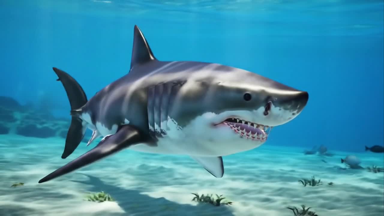 Powerful Great White Shark Swimming in a Clear Blue Tropical Ocean.