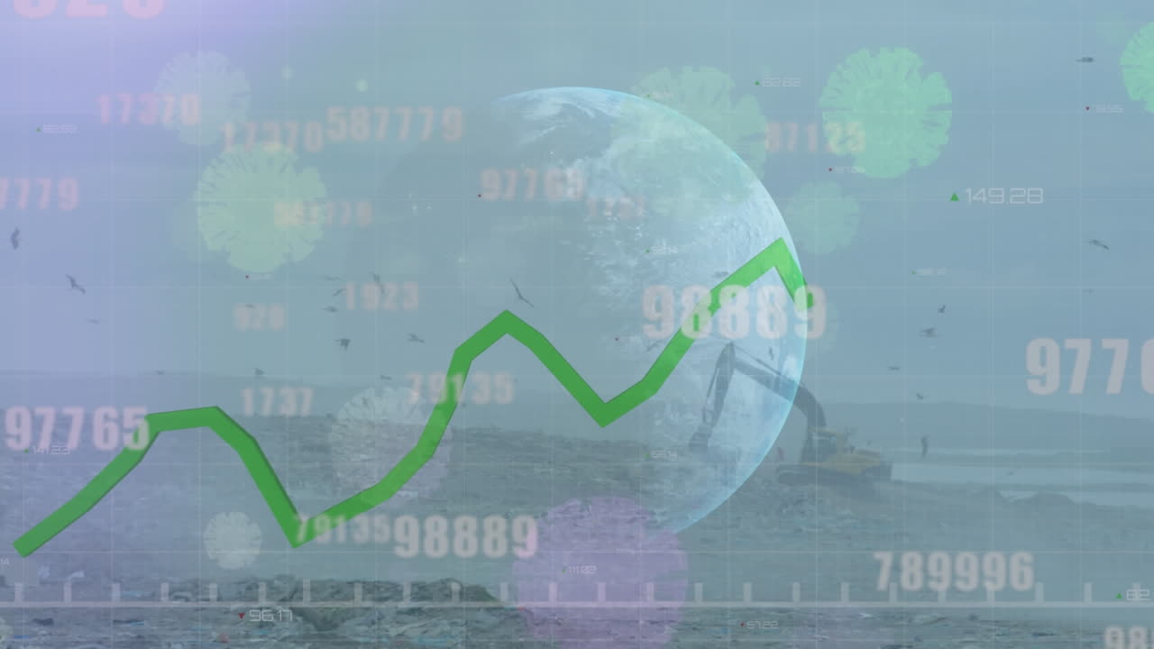 Animation of financial data processing and globe over virus cells and rubbish dump