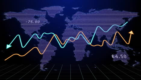 global financial trends animation over world map with fluctuating lines and numbers