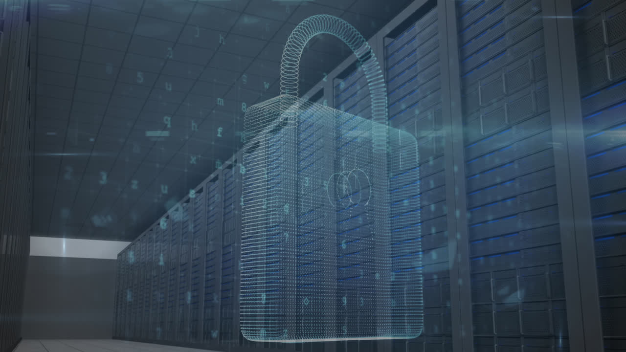 Animation of cyber attack warning and padlock over server room