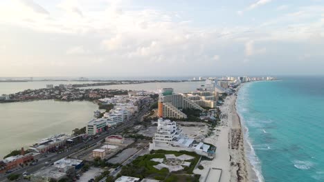 aerial forward over cancun bay and luxury hotel area