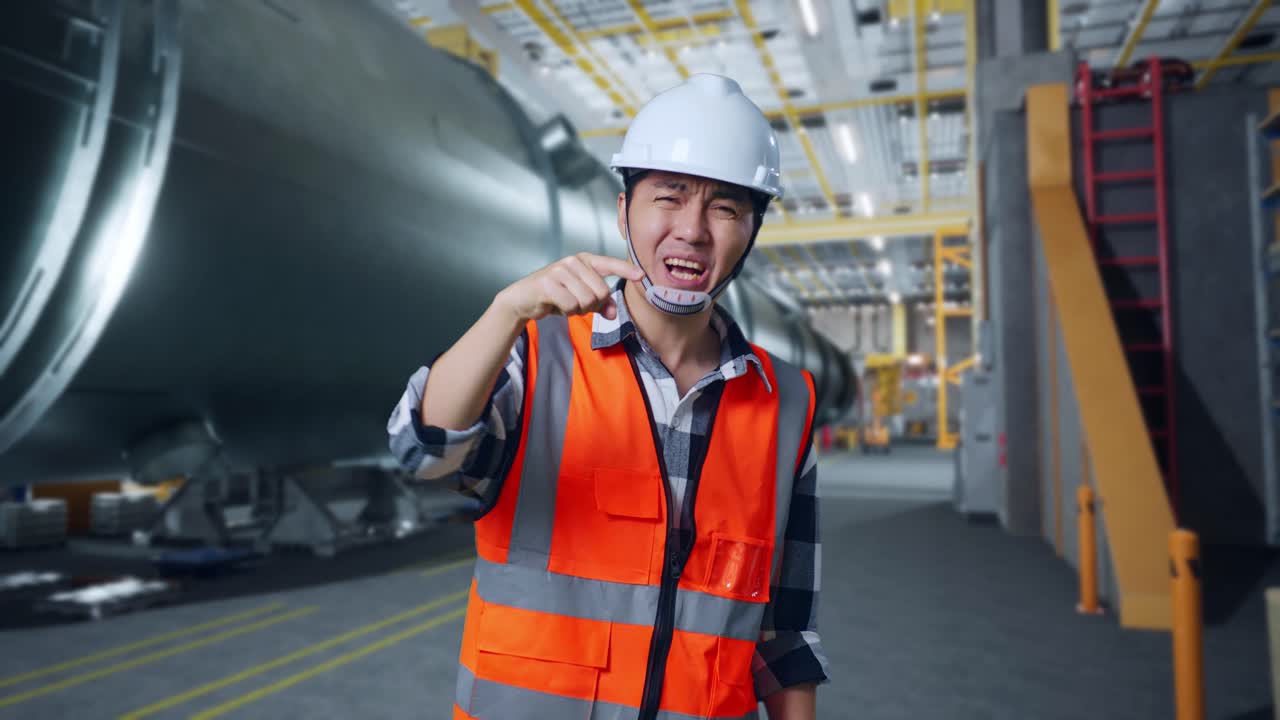 ingeniero asiático con casco de seguridad de pie en una fábrica de tubos. estando enojado, señalándote y gritando