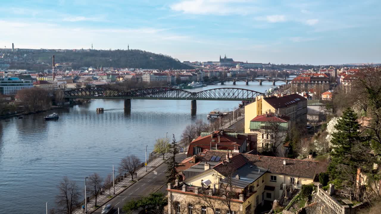 Zoom in timelapse of bridges over Vltava River in Prague, Czech Republic