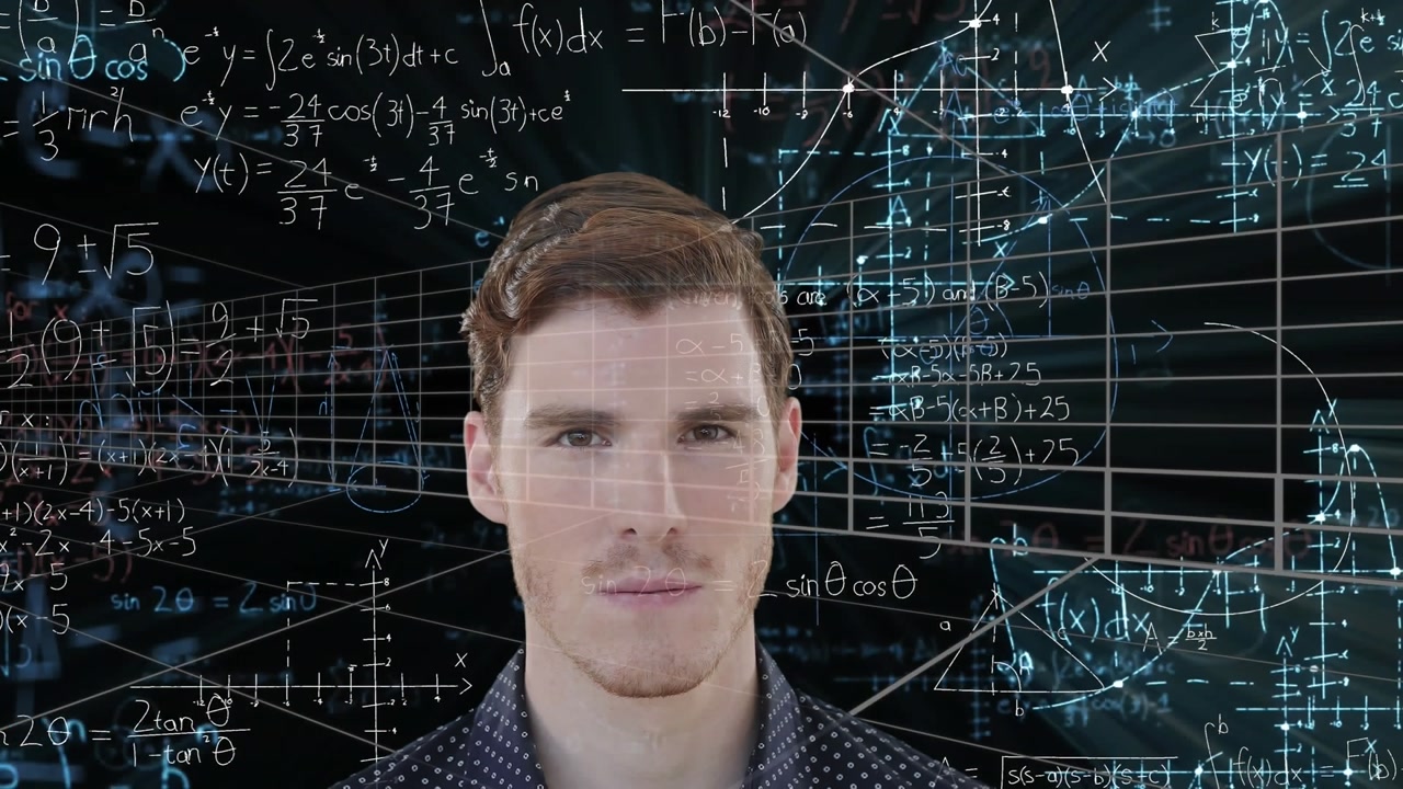 Animación de un hombre de negocios sobre el procesamiento de datos matemáticos