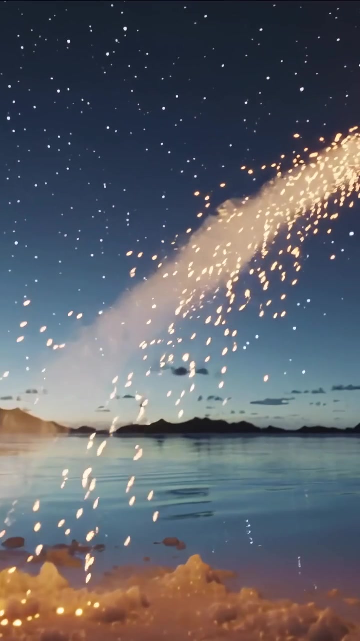 Vertical video: Igniting spark fountain spraying golden sparks at dusk shore creating water glow