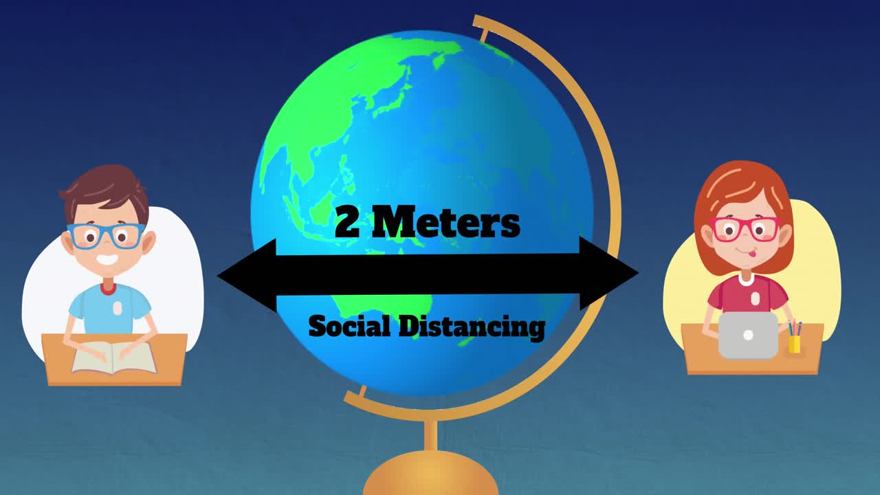 학교 소년과 학교 소녀 아이콘은 회전하는 지구에 대해 2 미터의 사회적 거리를 유지합니다.