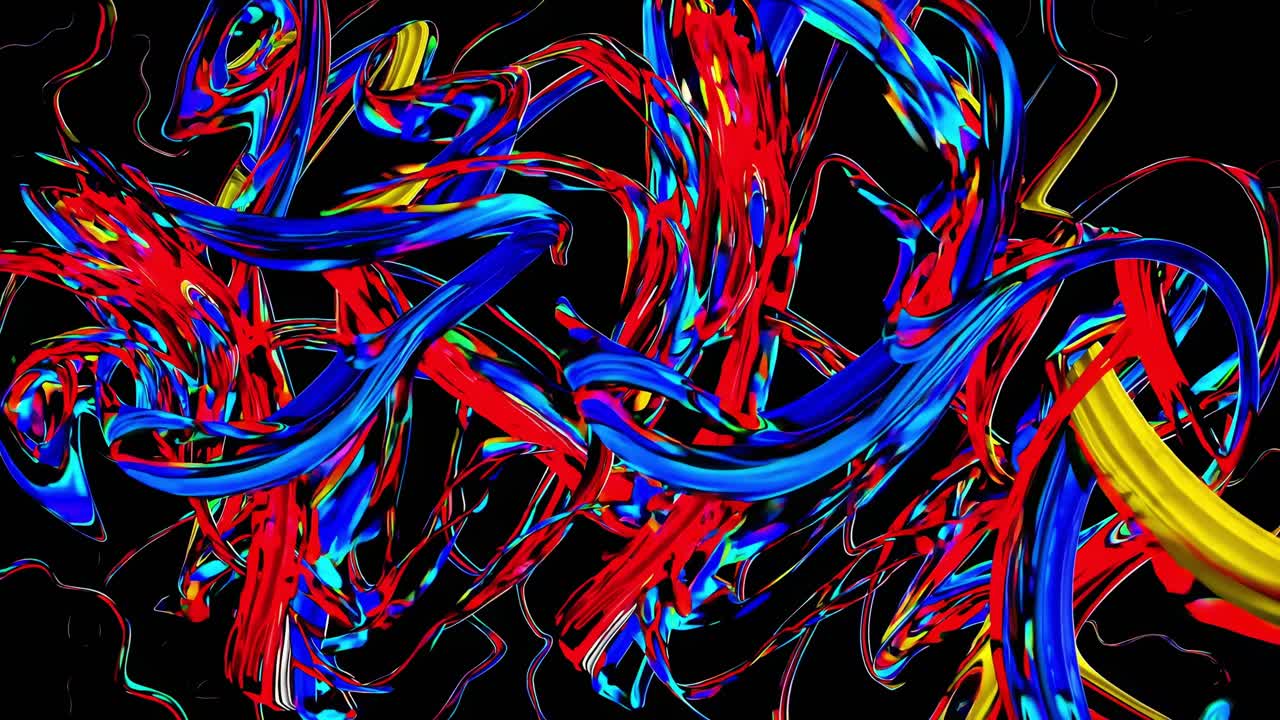 Colorful ribbons intertwining and swirling, creating a vibrant abstract symphony of shapes against a black background, evoking a sense of dynamic movement and artistic expression