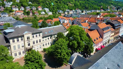 4k aerial drone video of historic homes and churches along the neckar river in heidelberg, germany