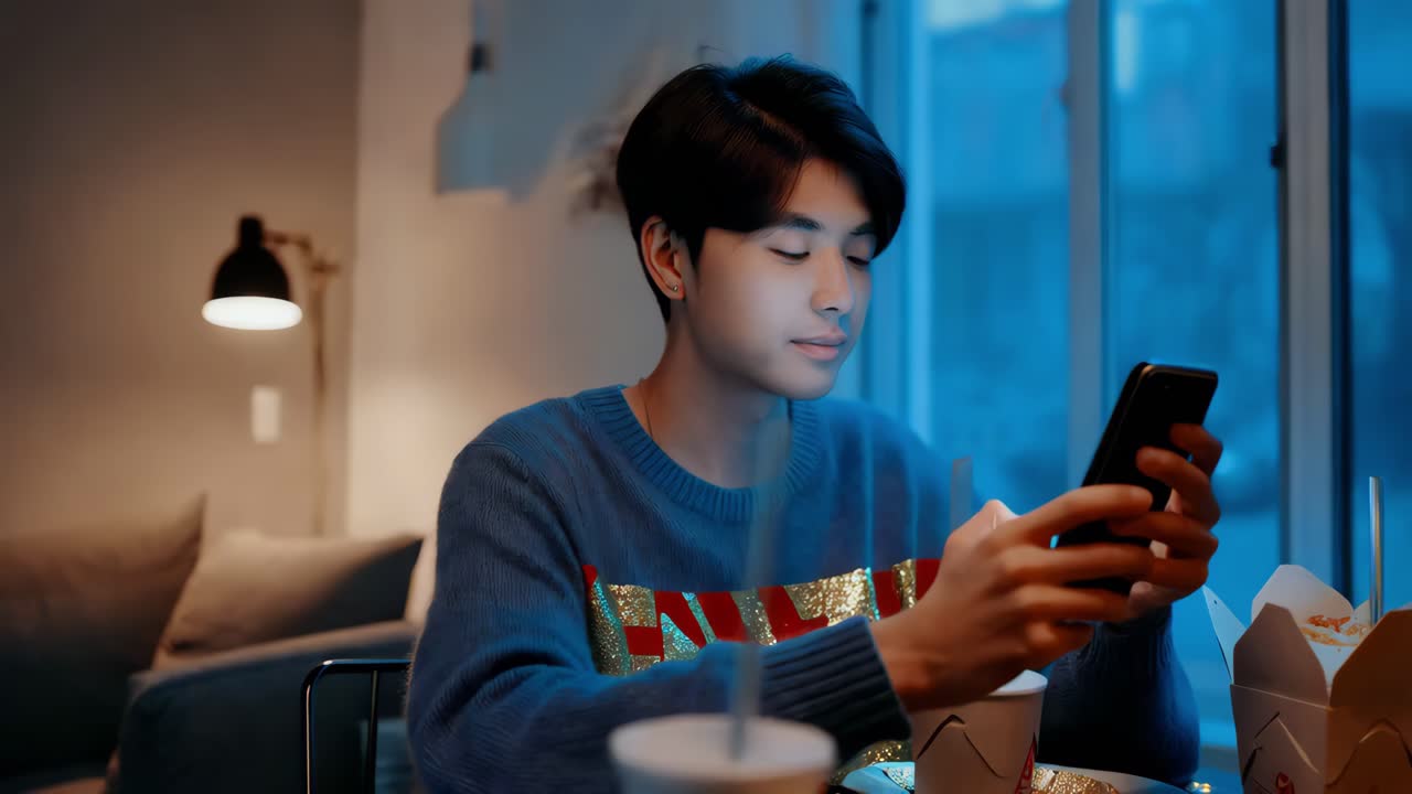 집 에서 저녁 식사 를 하는 동안 전화 를 사용하는 젊은 남자