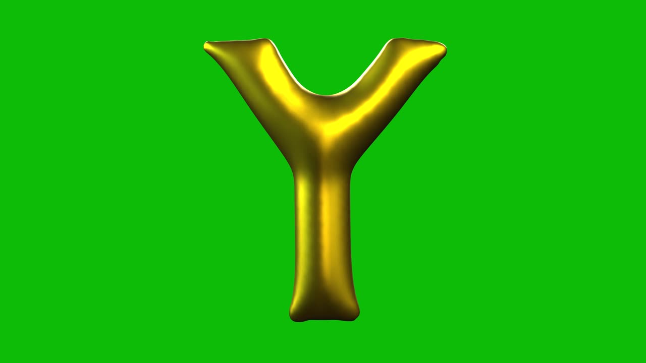 Gold Foil balloon letter Y inflates, spins, and reveals on green screen in 3D animation. Ideal for celebrations, parties, birthdays, and video editing projects