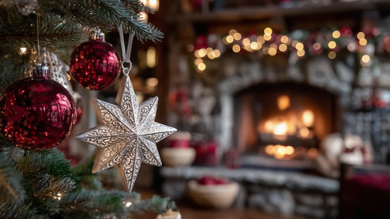 A Festive Winter Scene by the Fireside: Beautiful Christmas Ornaments Displayed on a Tree with a Cozy Fireplace in the Background, Creating a Warm Holiday Atmosphere