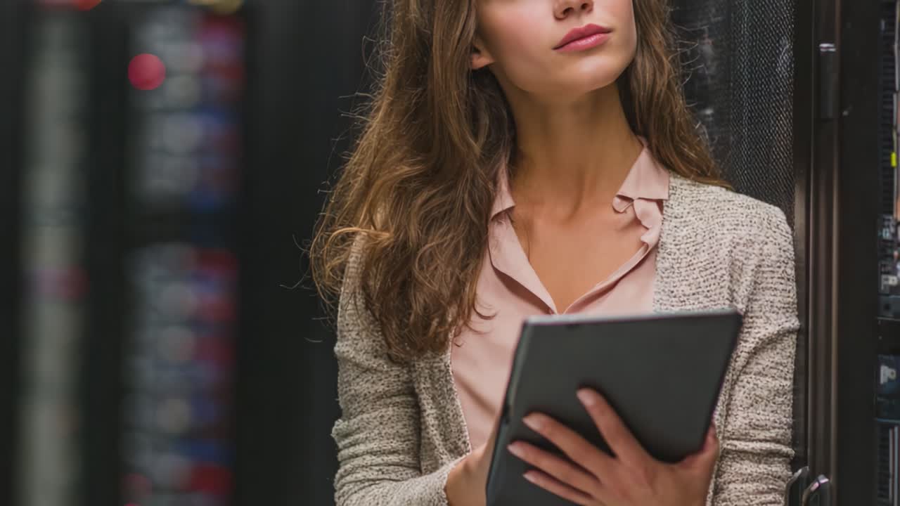 A Thoughtful Woman in a Server Room Analyzing Data on a Tablet, Surrounded by Rows of High-Tech Data Storage Equipment in a Modern Digital Environment