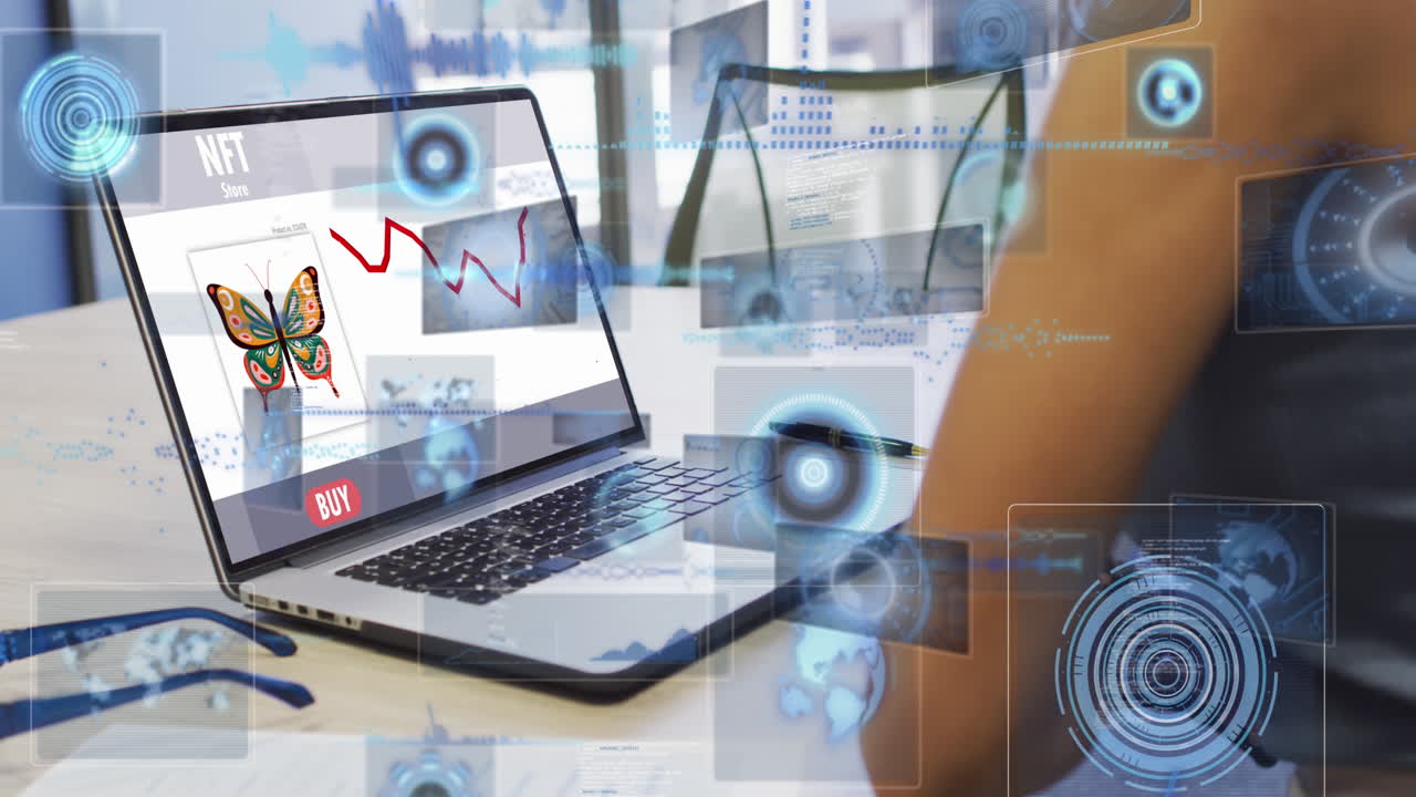 animación de procesamiento de datos sobre diversas personas de negocios en llamada de video portátil