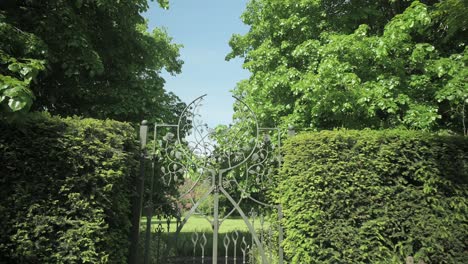 High-angle-walking-back-from-a-metal-gate-dividing-two-different-gardens