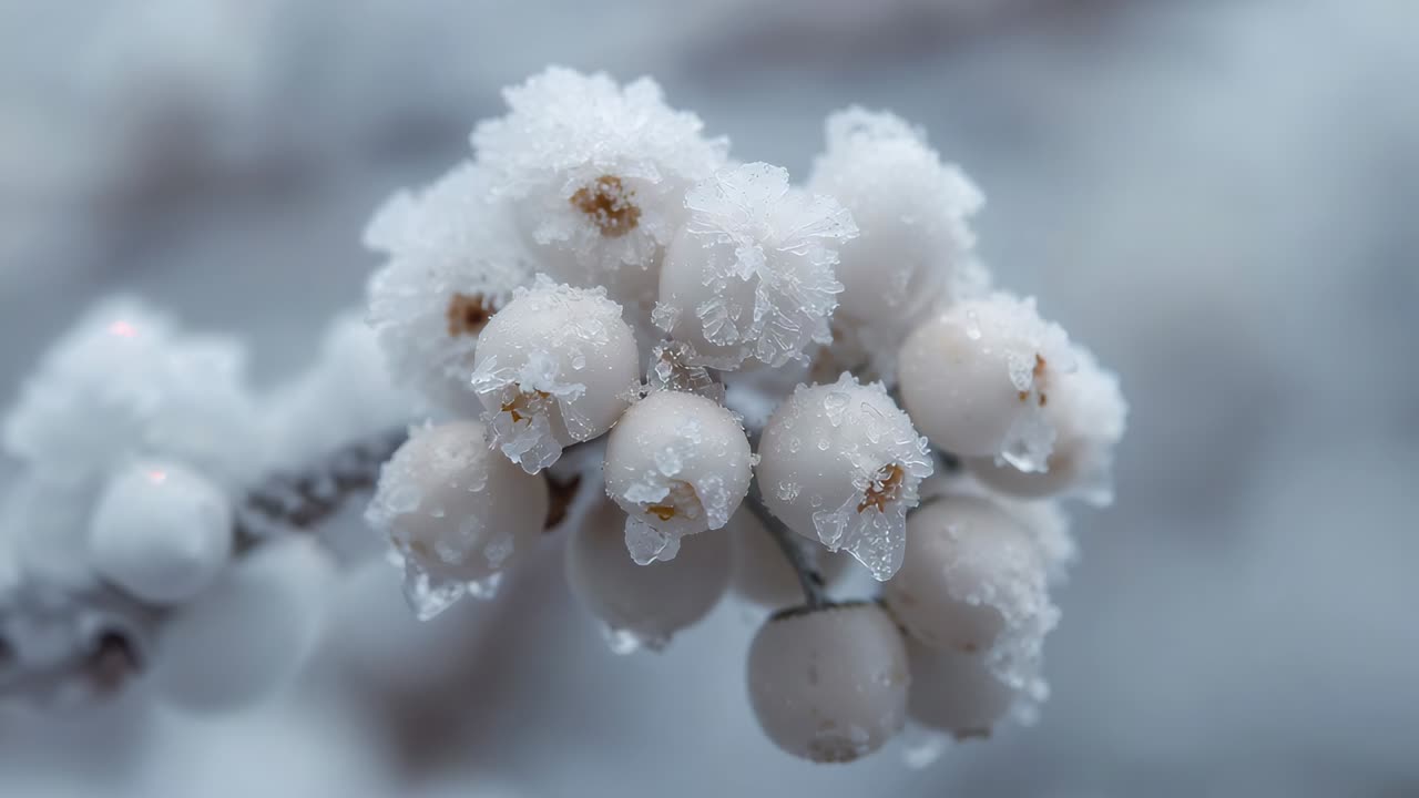 Camera pulling back revealing rimed berries after focus shifting at park, showing turrets in snow
