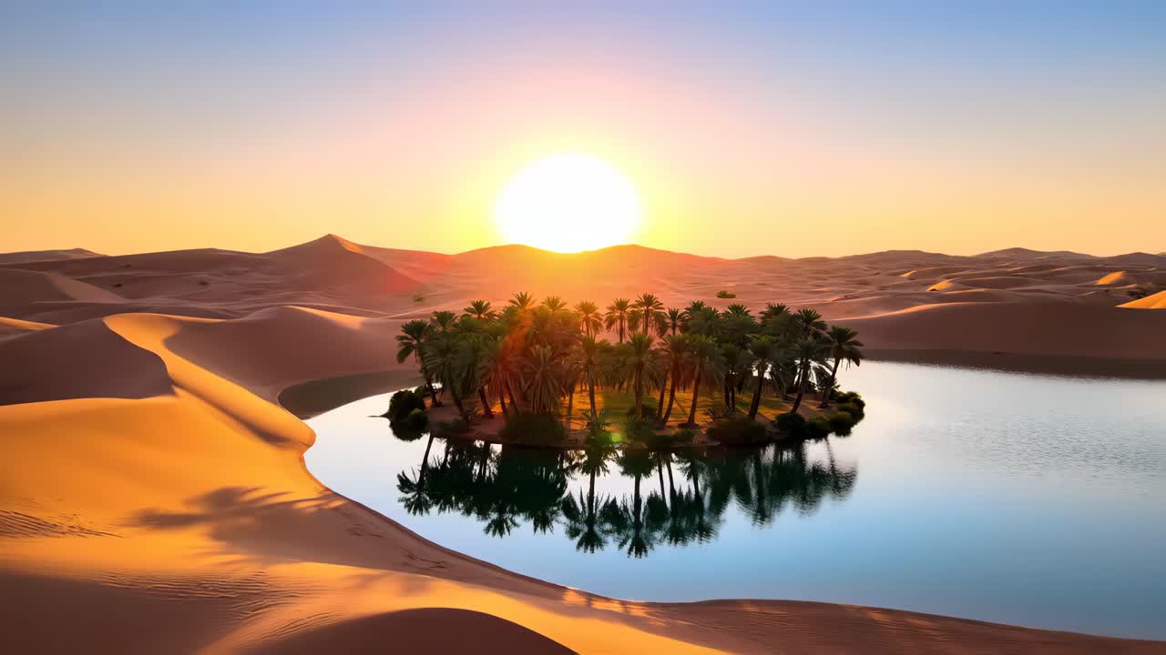 Oasi nel deserto al tramonto