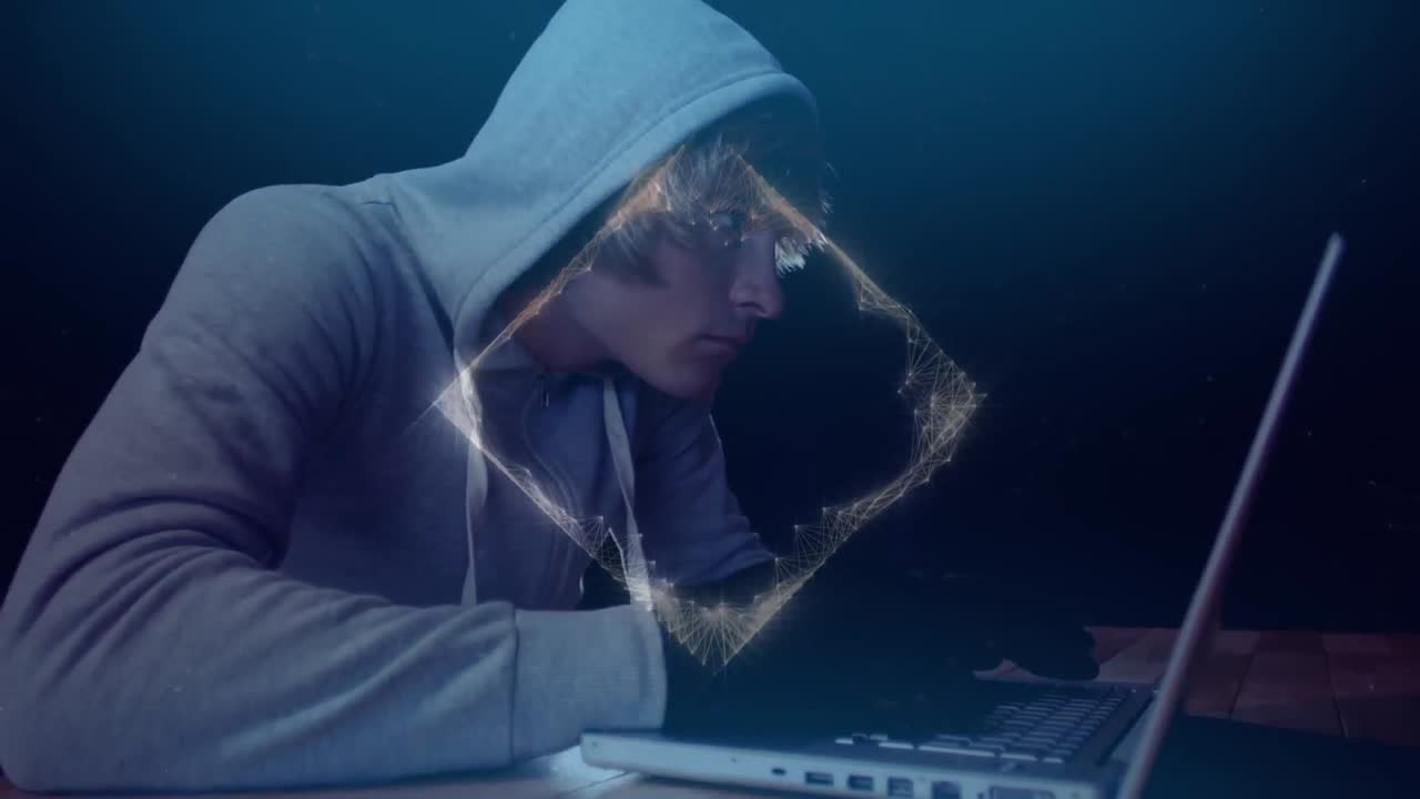 Animazione di reti di connessioni su un hacker che utilizza un laptop