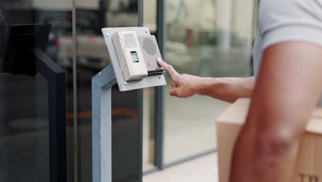 delivery man, hands and door bell with package