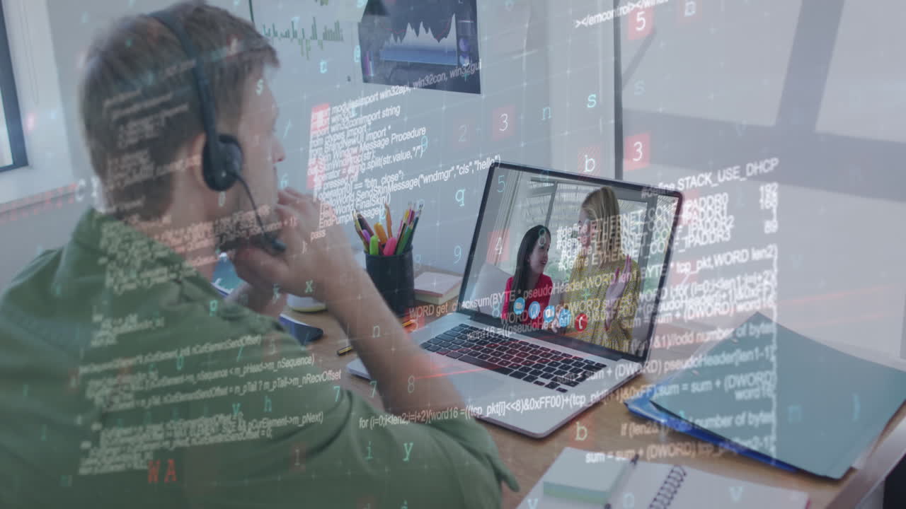 Animation of data processing over man using laptop on video call